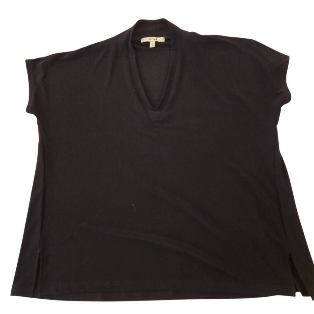 Sympli Womens Deep V Neck Short Cap Sleeve  Trapeze Jersey Top Black Size 10